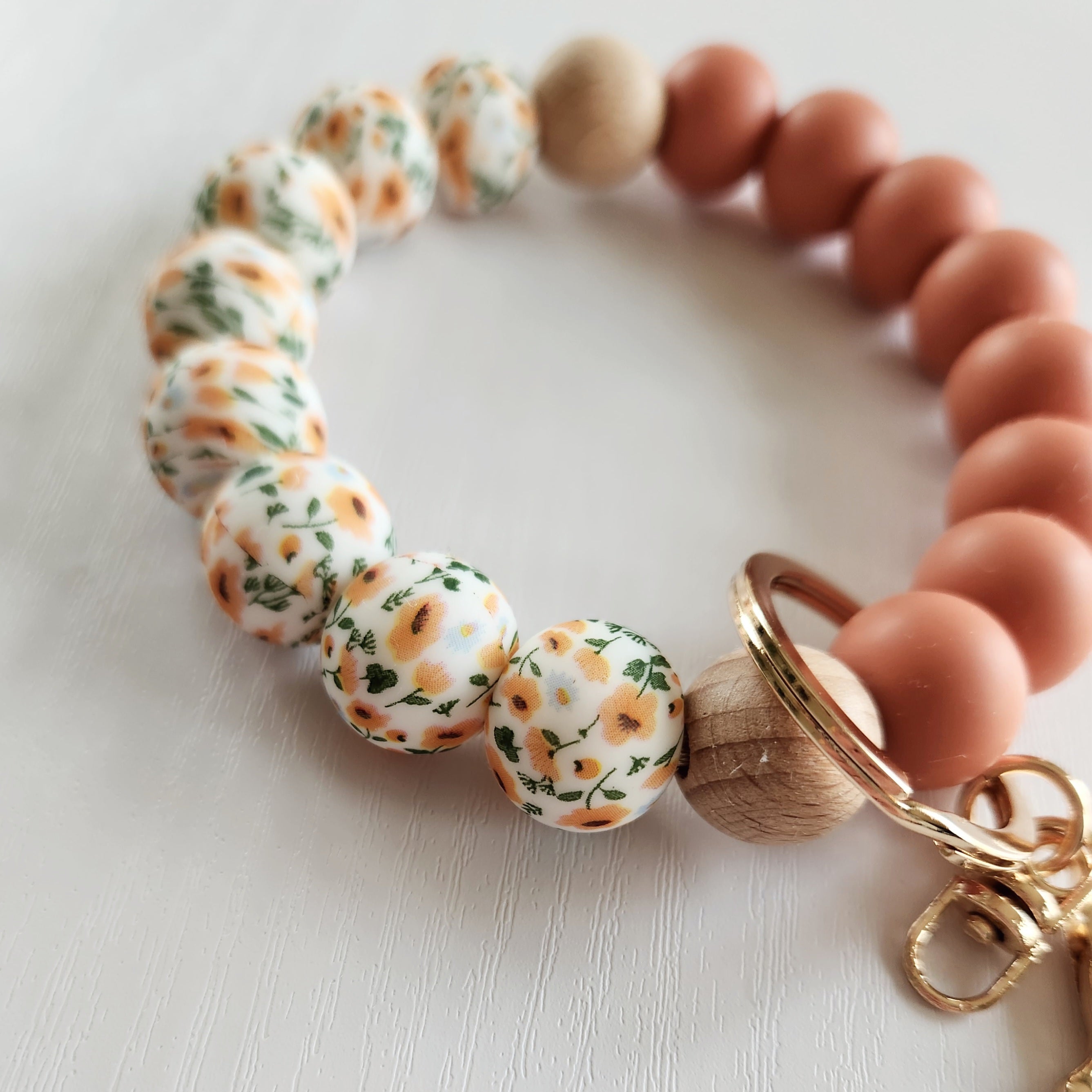 Nouv. Bracelet porte-clé - Fleur orangé & Cantaloup