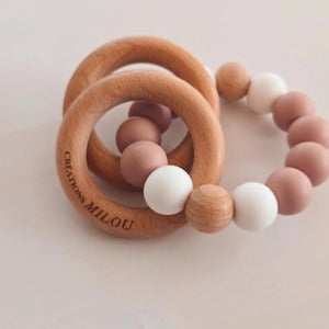 Hochet de dentition douceur - Dusty mauve et blanc