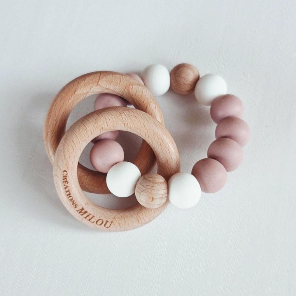 Hochet de dentition - Douceur Dusty mauve et Blanc
